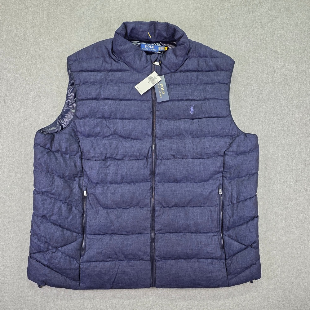 Polo Ralph Lauren Old Money Mens Designer Navy Blue Linen Blend Puffer Vest 4LT
